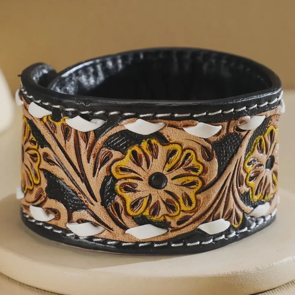 Tooled Leather Floral Embossed Bracelet Black and Brown NWT
